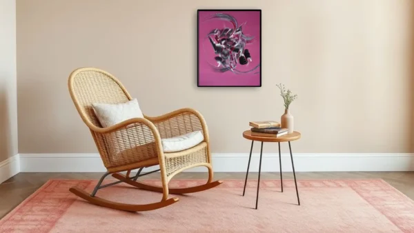 Eveil – Peinture abstraite vieux rose de Martine Belfodil, art contemporain Peinture abstraite vieux rose Eveil de Martine Belfodil dans une pièce contemporaine