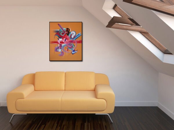 Peinture abstraite Harmonie – Fond ocre et volutes colorées par Martine Belfodil Peinture abstraite intitulée Harmonie, fond ocre avec des volutes de rose, blanc, rouge et bleu, création contemporaine de Martine Belfodil.