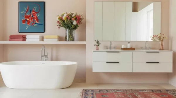 Tableau Matin tendresse dans une salle de bains  – Peinture abstraite de Martine Belfodil Peinture abstraite Matin tendresse de Martine Belfodil, présentée dans une salle de bains contemporaine au décor naturel et lumineux.