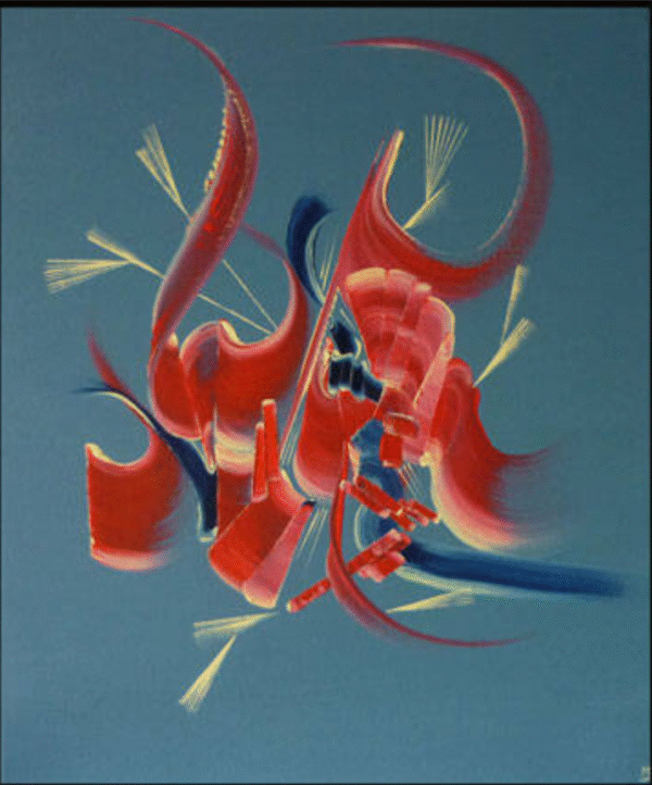 Peinture abstraite Matin tendresse – Fond gris vert et volutes colorées par Martine Belfodil Peinture abstraite intitulée Matin tendresse, fond gris vert avec des volutes rouges, beige poudré et bleu indigo, œuvre contemporaine de Martine Belfodil.