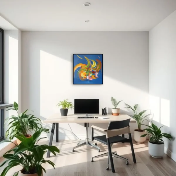 les-rubans-bleu-clair-peinture-abstraite-bureau-martine-belfodil Peinture abstraite bleu clair Les rubans de Martine Belfodil dans un bureau contemporain