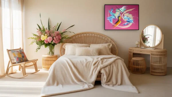 lintrus-rose-peinture-abstraite-chambre-martine-belfodil Peinture abstraite rose Lintrus de Martine Belfodil dans une chambre contemporaine