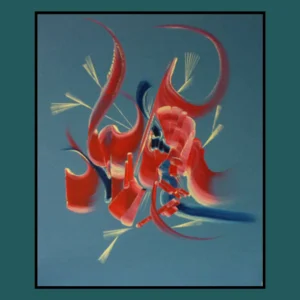 peinture-abstraite-gris vert-Matin-Tendresse-martine-belfodil Peinture abstraite gris-vert intitulée Matin tendresse, fond gris vert avec des volutes rouges, beige poudré et bleu indigo, œuvre contemporaine de Martine Belfodil.