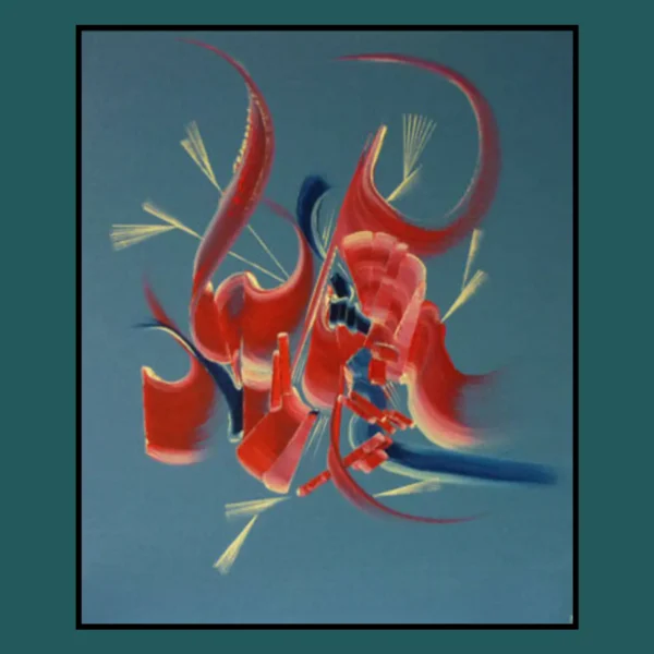 peinture-abstraite-gris vert-Matin-Tendresse-martine-belfodil Peinture abstraite gris-vert intitulée Matin tendresse, fond gris vert avec des volutes rouges, beige poudré et bleu indigo, œuvre contemporaine de Martine Belfodil.