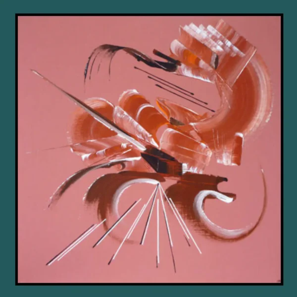 peinture-abstraite-saumoné-Cavalcade-martine-belfodil Peinture abstraite-saumoné-Cavalcade dynamique Martine Belfodil, formes mouvementées et couleurs vives sur toile