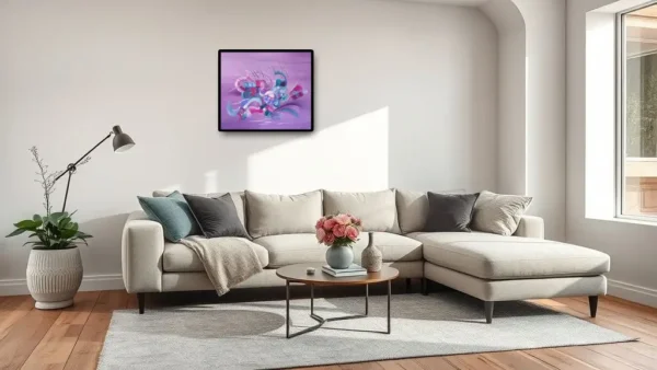 tout-simplement-mauve-peinture-abstraite-piece-martine-belfodil.jpg Peinture abstraite mauve Tout simplement de Martine Belfodil dans une pièce contemporaine