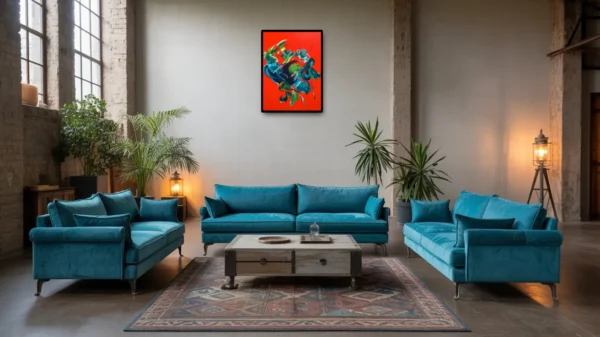 volcan-du-coeur-rouge-peinture-abstraite-salon-martine-belfodil Peinture abstraite rouge Volcan du cœur de Martine Belfodil dans un salon contemporain