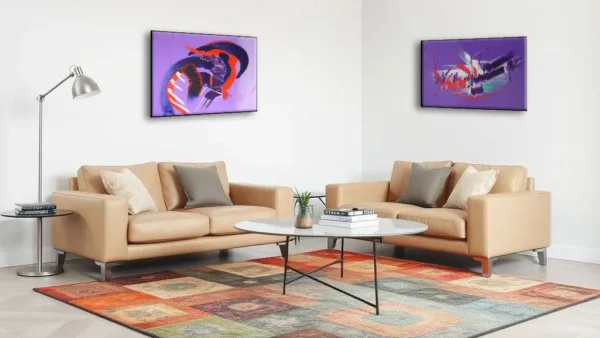 L'emprise-violet--tableau-abstrait-martine-belfodil Tableau abstrait violet Emprise de Martine Belfodil dans un salon moderne