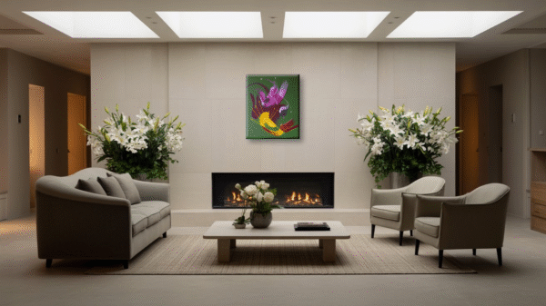 Peinture abstraite contemporaine  Le Messager  – Art moderne pour salon Peinture abstraite contemporaine Le Messager , aux couleurs vives et formes fluides, exposée sur un mur blanc d’un salon moderne.