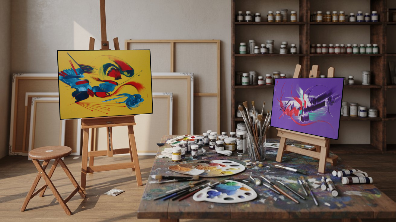 Atelier de peinture de Martine Belfodil, avec des toiles vierges, des pinceaux et des tubes de peinture prêts pour la création.