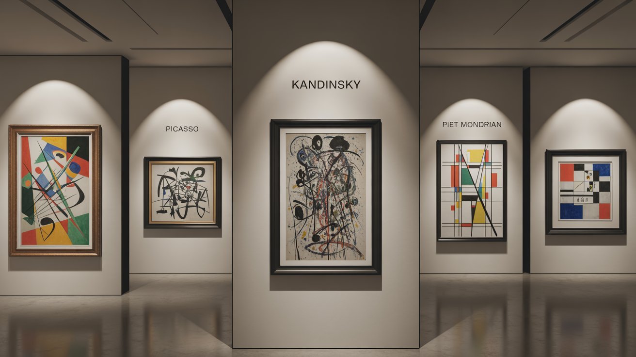 Peinture abstraite colorée représentant formes géométriques et lignes dynamiques, inspirée par l’art abstrait du XXᵉ siècle